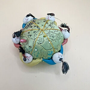 Blue Silk Sewing Pincushion W/ 6 Oriental/Chinese/Asian Figures-Great Shape